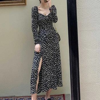 Bölünmüş Çatal Çiçek Yüksek Bel uzun elbise Kadın Kore Moda Uzun Kollu Elbiseler Kadın Retro İnce Kısa Kollu Elbise Kadın 2022