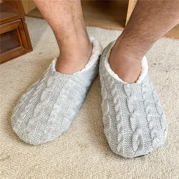 Ev Kabarık Terlik Çorap Erkek Kış sıcak Anti Kayma Peluş Yumuşak Taban Rahat Gri Zemin Erkek Tembel Rahat Kapalı Bulanık Ayakkabı Düz