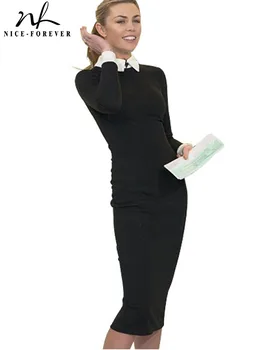 Güzel sonsuza kadar Kariyer Kadın Sonbahar Turn-aşağı Yaka Fit İş Elbise Vintage Zarif İş ofis Kalem bodycon Midi Elbise 751