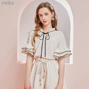 ARTKA 2021 Yaz Yeni Kadın Takım Elbise Zarif V Yaka Fırfır Kollu Şifon Gömlek İki Parçalı Set Elastik A-Line Şort Takım Elbise SA22018X