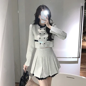 Sonbahar Kış Tüvit Kırpma Üst İki Parçalı Set Kadın Kruvaze Ceket + Yüksek Bel Mini Pilili Dantel Trim Etek Takım Elbise Streetwear